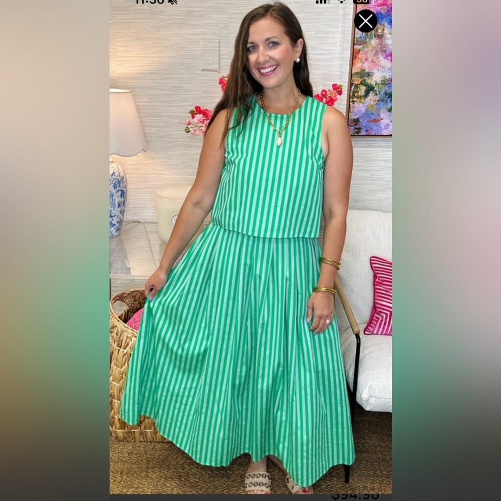Entro Green Striped Sleeveless Top and Midi Skirt Set